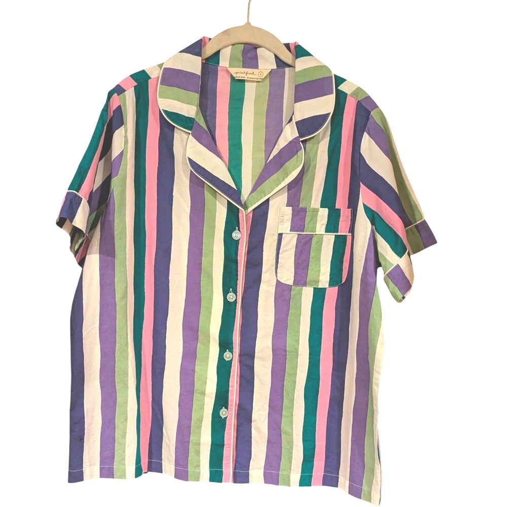 PrintFresh Striped Pajama Top Short Sleeve Button Down‎ Collared Size S